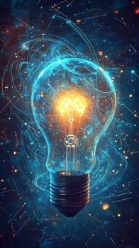 A glowing lightbulb surrounded by a swirling cloud of holographic blue lines, dots, and circuit patterns. Particle effects represent creative ideas forming and expanding in the digital space.
