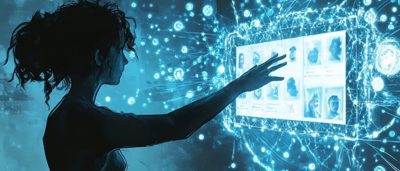 A person reaches out to a holographic screen displaying various causes, with blue-toned dots and lines flowing toward the screen.