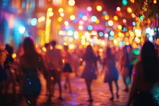 Blur image of street party. Light bokeh of people dancing at a street festival in the evening.