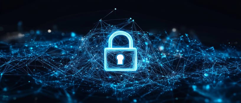 A complex web of blue-toned lines and nodes, with a glowing lock symbol at the center. The web represents the interconnected layers of data privacy, with particle effects surrounding it.
