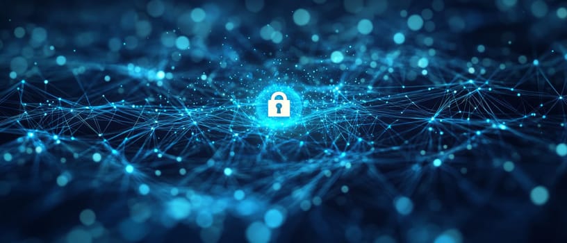 A complex web of blue-toned lines and nodes, with a glowing lock symbol at the center. The web represents the interconnected layers of data privacy, with particle effects surrounding it.