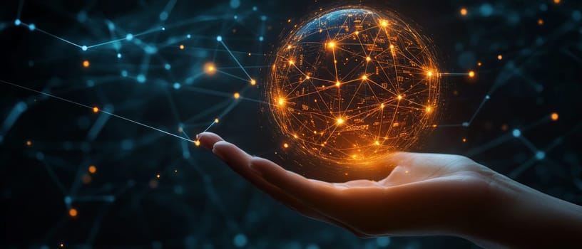 A hand holding a glowing orb made of digital symbols, representing knowledge. The orb illuminates a network of interconnected ideas, signifying the empowerment through digital literacy.