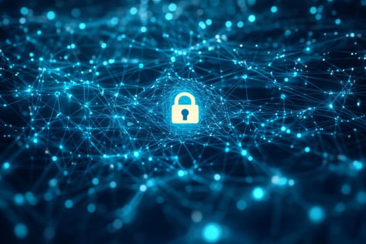 A complex web of blue-toned lines and nodes, with a glowing lock symbol at the center. The web represents the interconnected layers of data privacy, with particle effects surrounding it.