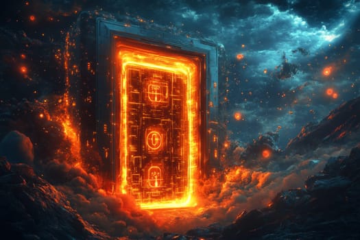 A massive, glowing vault door embedded in a digital landscape. The door is covered in holographic locks and surrounded by swirling data particles, symbolizing secure data privacy.