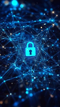 A complex web of blue-toned lines and nodes, with a glowing lock symbol at the center. The web represents the interconnected layers of data privacy, with particle effects surrounding it.