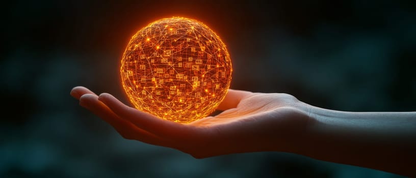A hand holding a glowing orb made of digital symbols, representing knowledge. The orb illuminates a network of interconnected ideas, signifying the empowerment through digital literacy.