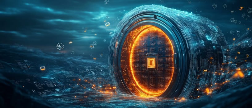 A massive, glowing vault door embedded in a digital landscape. The door is covered in holographic locks and surrounded by swirling data particles, symbolizing secure data privacy.