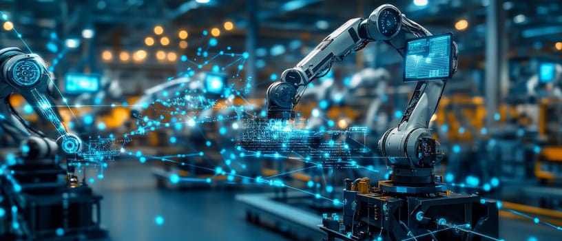 A futuristic factory with robotic arms and holographic controls, all connected by glowing blue network lines. The scene shows machines working in harmony, symbolizing seamless automation.