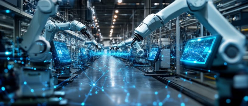 A futuristic factory with robotic arms and holographic controls, all connected by glowing blue network lines. The scene shows machines working in harmony, symbolizing seamless automation.