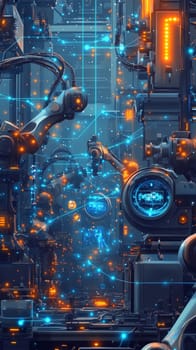 A futuristic factory with robotic arms and holographic controls, all connected by glowing blue network lines. The scene shows machines working in harmony, symbolizing seamless automation.
