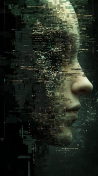 A human face made of transparent digital layers, partially obscured by holographic code. The layers represent the complexity of protecting one’s identity and data in the digital world.