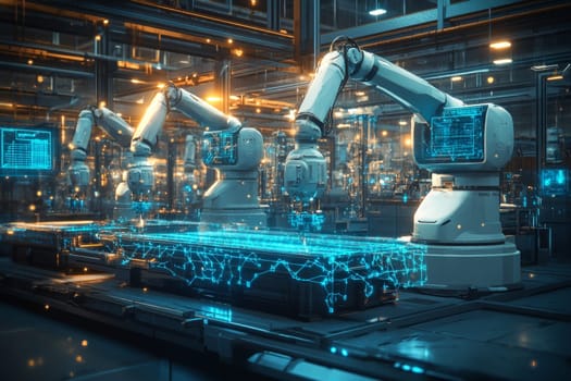A futuristic factory with robotic arms and holographic controls, all connected by glowing blue network lines. The scene shows machines working in harmony, symbolizing seamless automation.