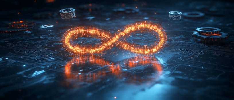 A glowing infinity symbol made of circuit lines, surrounded by floating gears and data streams. The image represents the endless cycle of AI-driven automation improving processes.