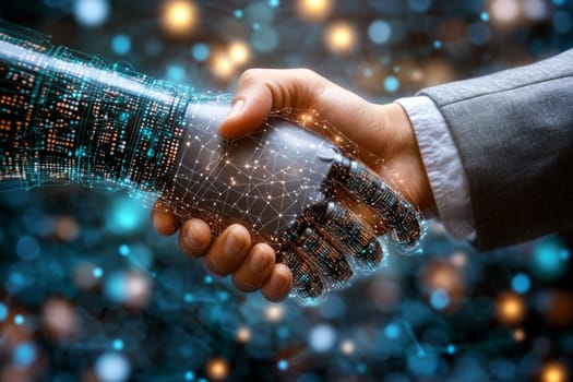 A robotic hand shaking hands with a human hand, both surrounded by abstract network connections and holographic data. The image illustrates collaboration between AI and human intelligence.