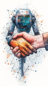 A robotic hand shaking hands with a human hand, both surrounded by abstract network connections and holographic data. The image illustrates collaboration between AI and human intelligence.