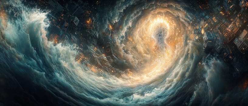 A swirling vortex of binary code, algorithms, and digital symbols forming into a humanoid figure made of light. The figure stands amidst a landscape of machines, symbolizing AI’s emergence.