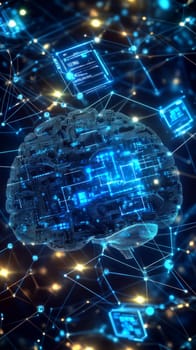 A human brain connected to an intricate web of glowing blue circuits and digital nodes. Holographic overlays show data streams and algorithms, representing the integration of AI and human intellect.