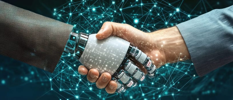 A robotic hand shaking hands with a human hand, both surrounded by abstract network connections and holographic data. The image illustrates collaboration between AI and human intelligence.