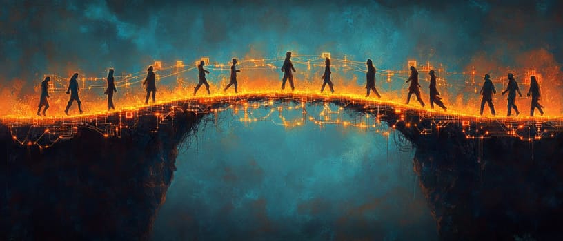 A glowing bridge made of interconnected circuits spans across two separated landmasses.