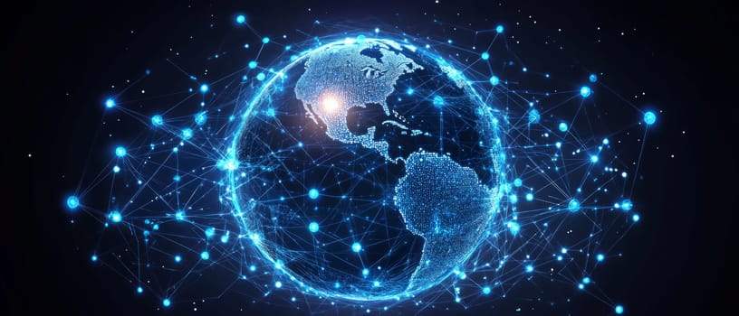 A glowing globe surrounded by interwoven blue lines representing global trade routes. Dots representing businesses and customers are connected by digital pathways, symbolizing online shopping growth.