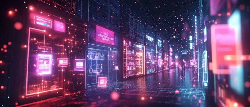 Abstract storefronts made of light and holographic interfaces float in a digital space, each representing an online shop. Customers access these stores through glowing pathways.