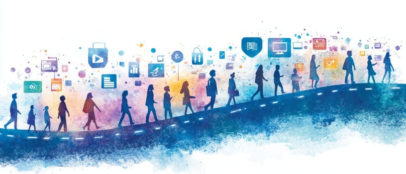 A digital pathway illuminated by holographic signs of education, communication, and empowerment. People of different backgrounds walk along the path, symbolizing equal access to digital resources.