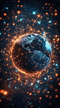 An abstract representation of the Earth surrounded by a web of glowing dots and lines, each dot symbolizing a person connected to the digital world. The glowing network highlights global inclusivity.