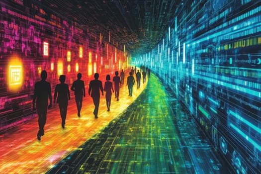 A digital pathway illuminated by holographic signs of education, communication, and empowerment. People of different backgrounds walk along the path, symbolizing equal access to digital resources.