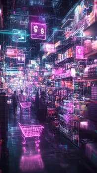 A futuristic market scene where holographic carts, digital products, and abstract currency symbols float around. Customers interact with floating holograms, representing rapid e-commerce growth.
