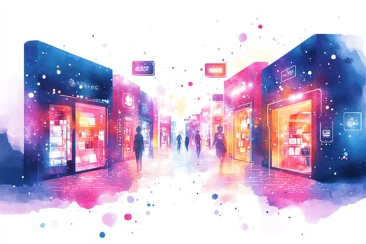 Abstract storefronts made of light and holographic interfaces float in a digital space, each representing an online shop. Customers access these stores through glowing pathways.