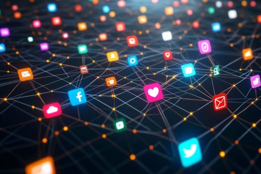 A glowing spiderweb of interconnected social media icons, each connected by digital threads. Data streams and glowing dots flow between them, symbolizing the network of digital marketing.