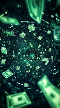 A swirling vortex of floating currency symbols, product icons, and shopping carts, all converging in a central point. The image represents the dynamic and fast-paced nature of e-commerce growth.