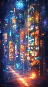 Abstract storefronts made of light and holographic interfaces float in a digital space, each representing an online shop. Customers access these stores through glowing pathways.