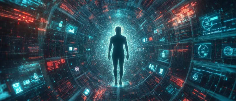 A human silhouette surrounded by swirling data streams and particle effects, with holographic icons of ads, products, and analytics targeting specific areas, representing precision marketing.