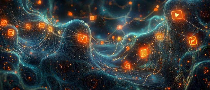 A glowing spiderweb of interconnected social media icons, each connected by digital threads. Data streams and glowing dots flow between them, symbolizing the network of digital marketing.