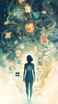 A human silhouette surrounded by swirling data streams and particle effects, with holographic icons of ads, products, and analytics targeting specific areas, representing precision marketing.