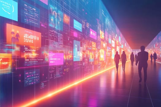 A glowing digital pathway lined with holographic signs showing customer engagement metrics, product reviews, and ads. Customers walk along the path, symbolizing the customer journey in marketing.