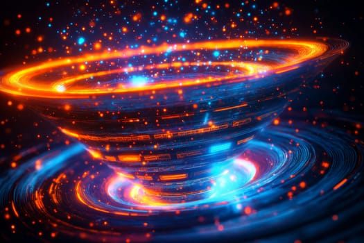 A dynamic funnel made of swirling holographic layers, showing different stages like awareness, interest, and decision. Glowing digital particles move through, symbolizing marketing tactics.