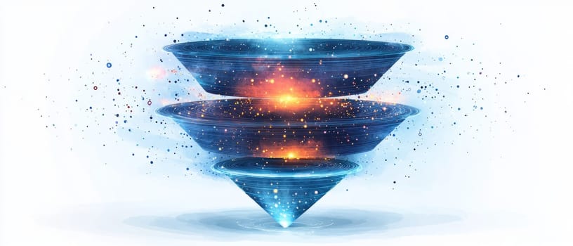 A dynamic funnel made of swirling holographic layers, showing different stages like awareness, interest, and decision. Glowing digital particles move through, symbolizing marketing tactics.