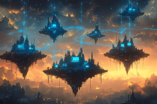 A group of floating islands in a digital sky, each island representing a remote worker. Blue data streams connect the islands, symbolizing collaboration through cloud-based tools and platforms.