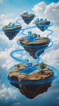 A group of floating islands in a digital sky, each island representing a remote worker. Blue data streams connect the islands, symbolizing collaboration through cloud-based tools and platforms.
