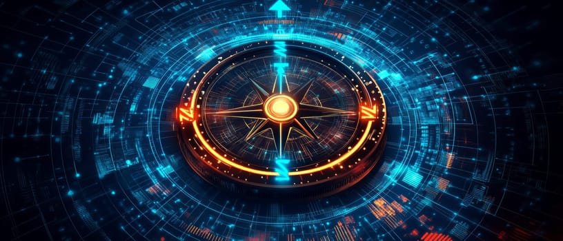 A compass with glowing arrows pointing to different metrics like clicks, impressions, and conversions. Holographic overlays show charts and graphs, symbolizing data-driven marketing strategies.