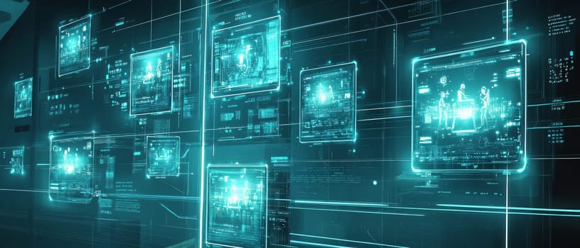 A futuristic office space where floating holographic screens and devices are interconnected by glowing blue-toned lines. Team members appear as avatars, working together in a digital workspace.