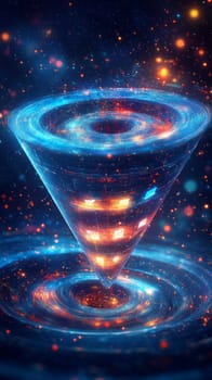 A dynamic funnel made of swirling holographic layers, showing different stages like awareness, interest, and decision. Glowing digital particles move through, symbolizing marketing tactics.
