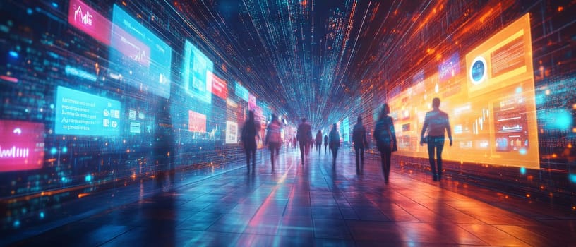 A glowing digital pathway lined with holographic signs showing customer engagement metrics, product reviews, and ads. Customers walk along the path, symbolizing the customer journey in marketing.