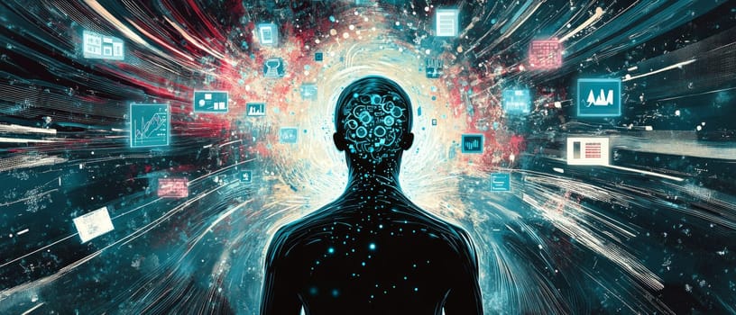 A human silhouette surrounded by swirling data streams and particle effects, with holographic icons of ads, products, and analytics targeting specific areas, representing precision marketing.