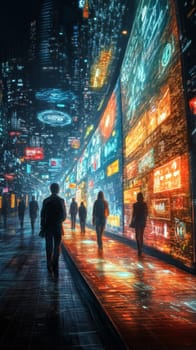 A glowing digital pathway lined with holographic signs showing customer engagement metrics, product reviews, and ads. Customers walk along the path, symbolizing the customer journey in marketing.