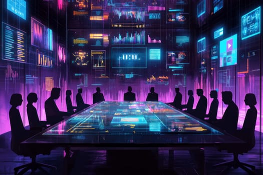 A holographic conference table surrounded by floating screens displaying charts, messages, and video feeds. Participants appear as digital silhouettes, representing remote collaboration in real-time.