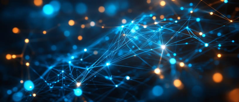 A web of glowing blue lines and dots, each dot representing a remote worker. The network pulsates with activity, showing how different tools and platforms facilitate global collaboration.