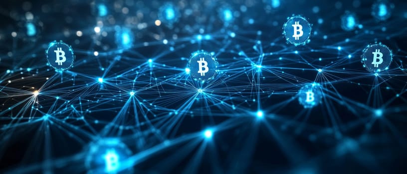 A web of interconnected blue-toned dots and lines stretching across a dark background, with cryptocurrency symbols floating at each node. The network represents blockchain’s global reach.